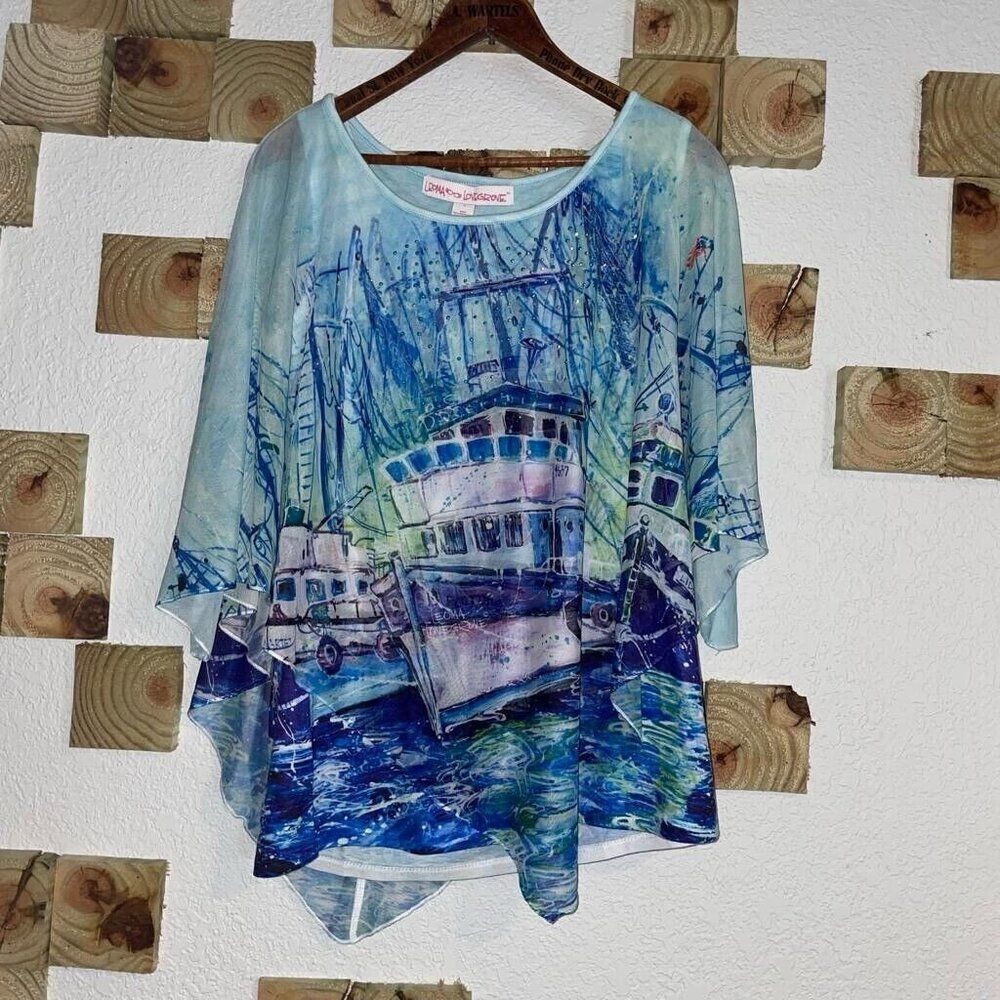 Leoma Lovegrove Womens Small Colorful Asymmetrical Boat Art Top 3/4 Sleeves NWT